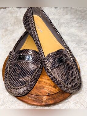 Coach Brown Snake-Print Leather Loafers with Branded Plaque